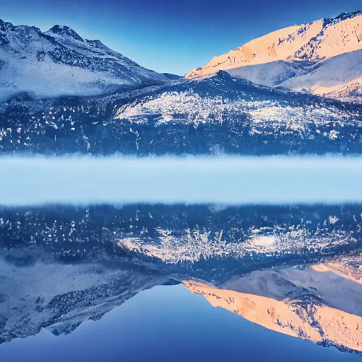 Prompt: alien world, snowcapped mountains reflected in a large still lake, summer, photo, 4 k