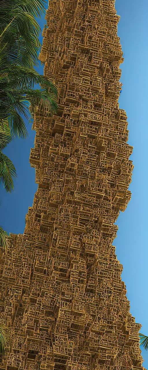 Image similar to eye level view of a contemporary babylon tower, golden intricate details, stone facade, sacred architecture, hanging gardens, cascading highrise, arid mountains with lush palm forest, photorealistic, sunlight, post - production, octane, cgi, sfx