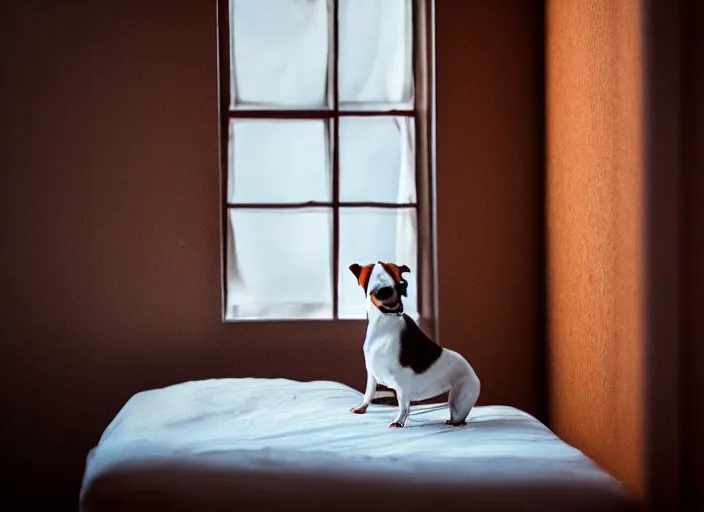 Image similar to photography of a Jack Russel . watching outside the window. on a bed. in a white room.,volumetric light, photorealistic,, award winning photo, 100mm, sharp, cloth, high res