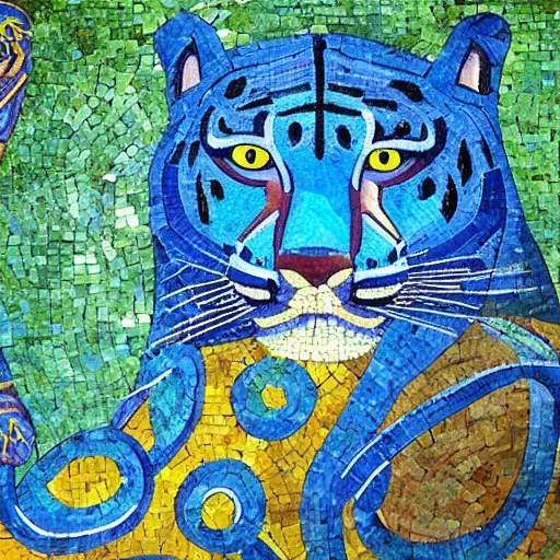 Image similar to church painting of the god of nature, the blue panther, hyperdetailed, mosaic