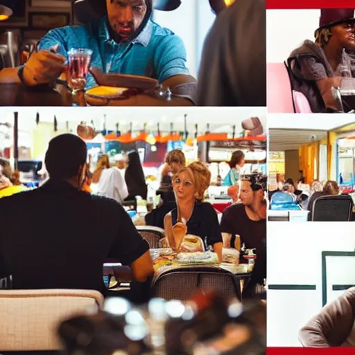 Prompt: diner scene, bottom left of photo is a black couple arguing, bottom right of photo is a white man reading a book, centre of photo is a waitress on rollerskates, top of photo is a neon sign saying breakfast