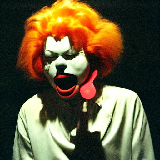 Image similar to creppy 2 0 0 1 photo of ronald mcdonald screaming in a dark room