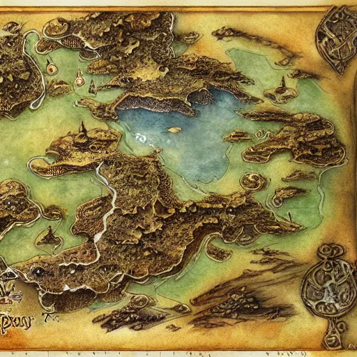 Prompt: simple fantasy map, the land of Odrua, several continents arranged in an arc, world of Lute, by JRR Tolkien and Brian Froud, Vatican Map Room, fantasy concept painting, Magic The Gathering Art, trending on art station, oceans, continents