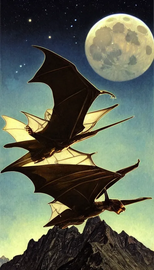 Image similar to hyper realistic white bat, flying against a dark black night sky, mountain in the background, moonlight, denoised, very detailed, painted by james gurney, alphonso mucha, norman rockwell, tom bagshaw