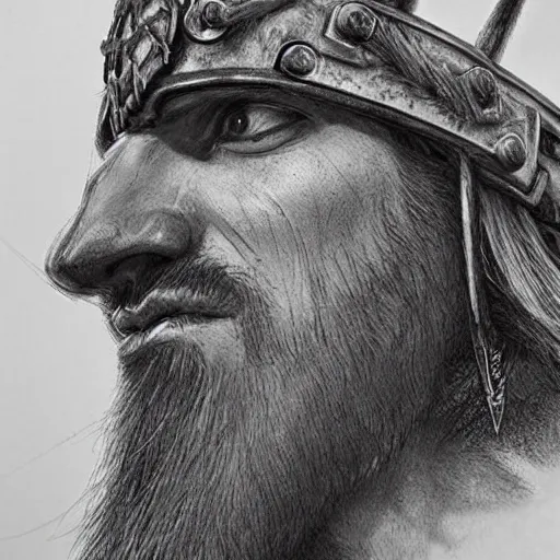 Image similar to of valhalla viking headgear with flaming red hair, fine detail, texture, extreme detailed pencil and pen sketch, trending on artstation, hyperreal