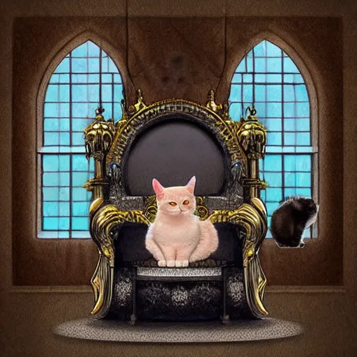 Prompt: cat crowned sitted on throne, castle environment, digital art