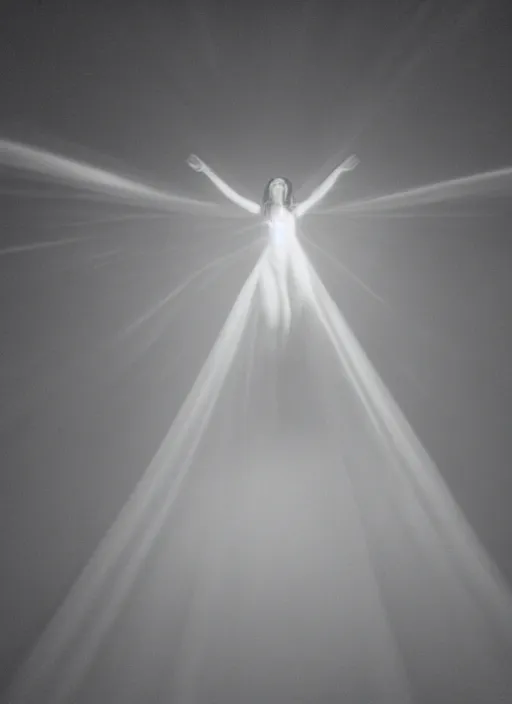 Image similar to female ascending into the sky, glowing aura, motion blur, out of focus, film grain, cinematic lighting, experimental film, shot on 1 6 mm