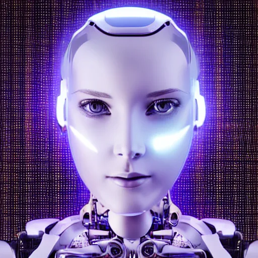 Prompt: a highly detailed, high definition, head to shoulder portrait of a female cybernetic humanoid friendly robot facing the camera, futuristic neon lit background, studio lighting