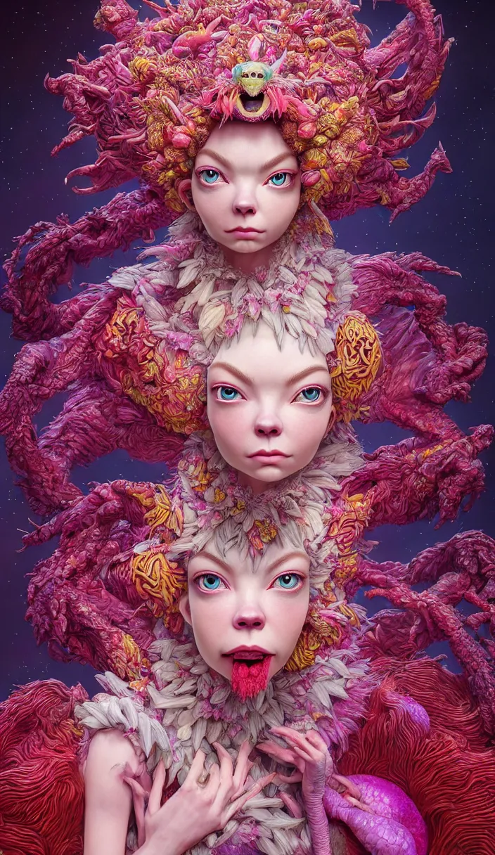 Image similar to hyper detailed 3d render like a Oil painting - kawaii portrait of surprised Aurora (a beautiful skeksis muppet fae queen from dark crystal that looks like Anya Taylor-Joy) seen red carpet photoshoot in UVIVF posing in scaly dress to Eat of the Strangling network of yellowcake aerochrome and milky Fruit and His delicate Hands hold of gossamer polyp blossoms bring iridescent fungal flowers whose spores black the foolish stars by Jacek Yerka, Ilya Kuvshinov, Mariusz Lewandowski, Houdini algorithmic generative render, Abstract brush strokes, Masterpiece, Edward Hopper and James Gilleard, Zdzislaw Beksinski, Mark Ryden, Wolfgang Lettl, hints of Yayoi Kasuma and Dr. Seuss, octane render, 8k