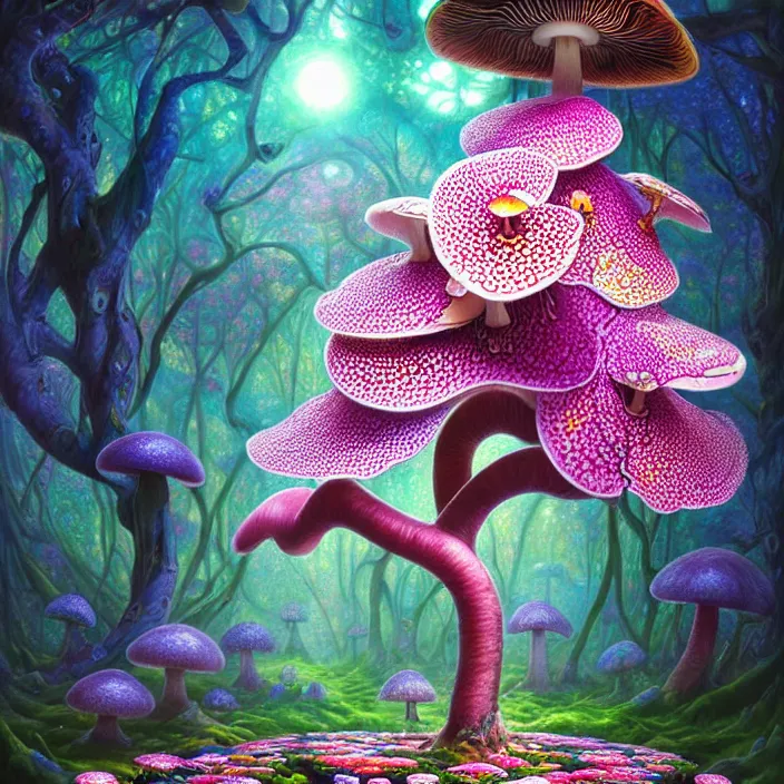 Image similar to extremely psychedelic system made of orchid and cherry blossom tree and mushroom, LSD matrix, diffuse lighting, fantasy, intricate, elegant, highly detailed, lifelike, photorealistic, digital painting, artstation, illustration, concept art, smooth, sharp focus, art by John Collier and Albert Aublet and Krenz Cushart and Artem Demura and Alphonse Mucha