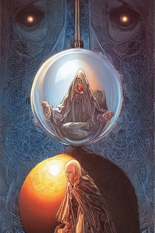 Image similar to wizard in a hooded cloak gazing into a crystal ball, high details, intricately detailed, by vincent di fate, artgerm julie bell beeple, inking, screen print