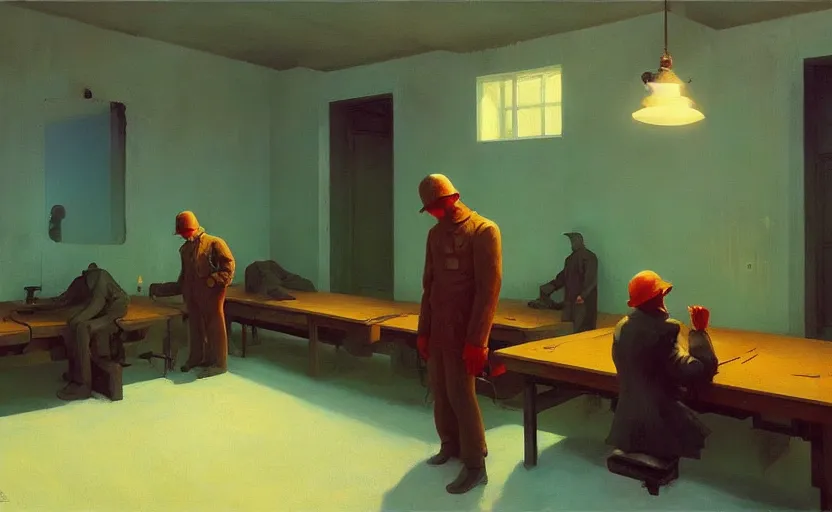 Prompt: Inside Soviet factories gulag, very coherent, painted by Edward Hopper, Wayne Barlowe, painted by James Gilleard, airbrush, art by JamesJean