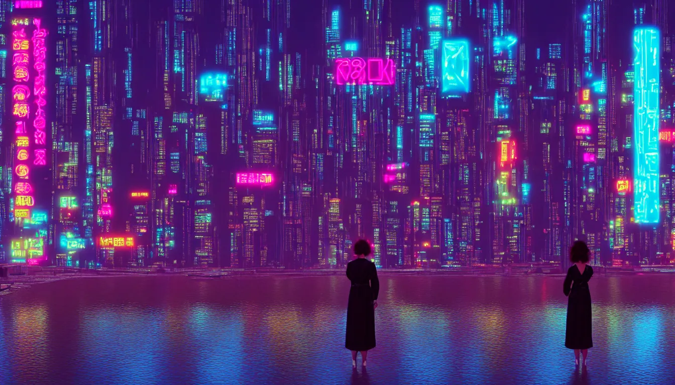 Image similar to 8 0 s neon movie still with a woman standing by a river at night. a cyberpunk city is in front of her. she is looking at the city. she is wearing a kimono. hyperrealistic, high definition, medium format photography, highly detailed, technicolor, anamorphic 5 0 mm lens