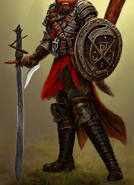 Image similar to strong young man, photorealistic bugbear ranger holding a flaming sword, black beard, dungeons and dragons, pathfinder, roleplaying game art, hunters gear, jeweled ornate leather and steel armour, concept art, character design on white background, by alan lee, norman rockwell, makoto shinkai, kim jung giu, poster art, colours red and green