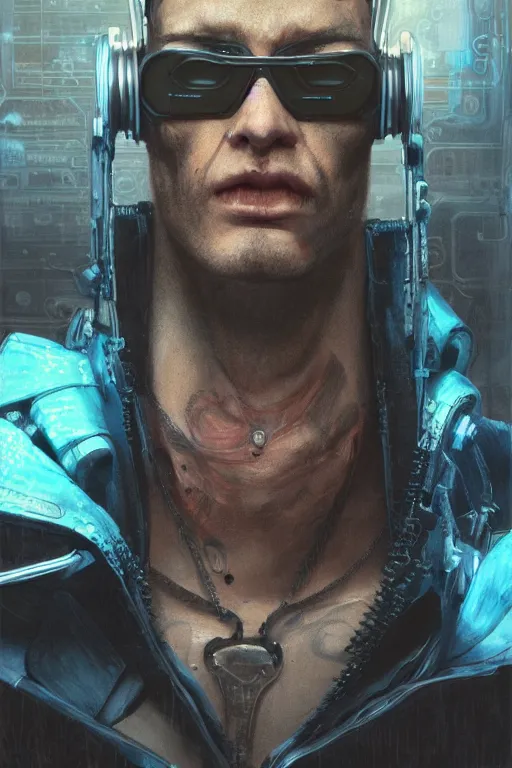 Image similar to illustration of an male cyberpunk character wearing bionic implants, criminal mugshot, gritty, gritty, highly detailed, oil on canvas, soft lighting, neon pastel colors, by WLOP and Greg Staples, HD, 4K
