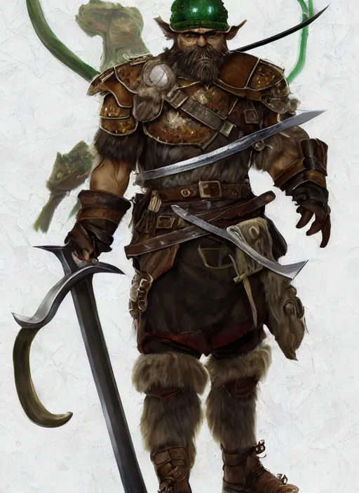 Image similar to strong young man, photorealistic bugbear ranger holding sword, fire magic, black beard, dungeons and dragons, pathfinder, roleplaying game art, hunters gear, jeweled ornate leather and steel armour, concept art, character design on white background, by norman rockwell, makoto shinkai, kim jung giu, artstation trending, poster art, colours red and green