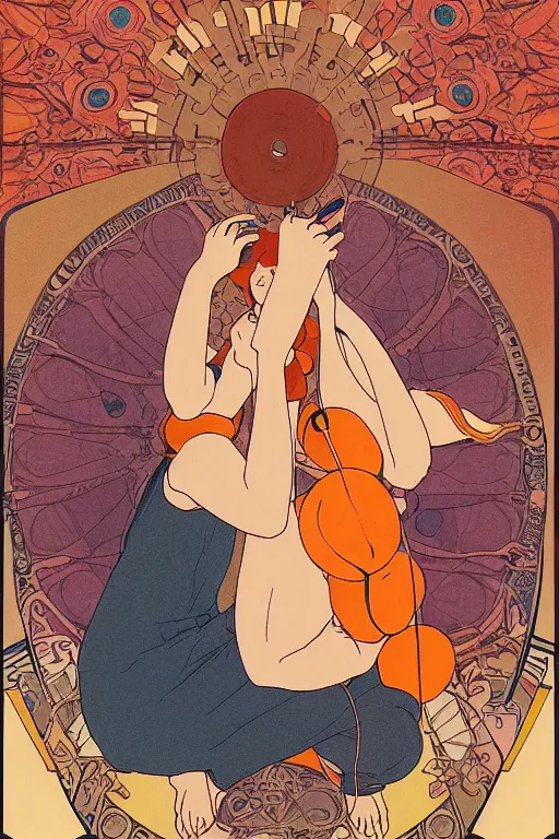 Image similar to a Girl in a sitting on the ground and Hands on knees and Slices of orange and microphones float around her ,Visual Communication Design by studio ghibli and mucha ,Refreshing colour