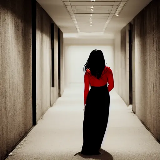 Prompt: woman with long black hair and red eyes standing in a dark hallway, wearing a red dress, 8k, photography, professional, cinematic lighting, film, high quality, depth of field, dark colors,