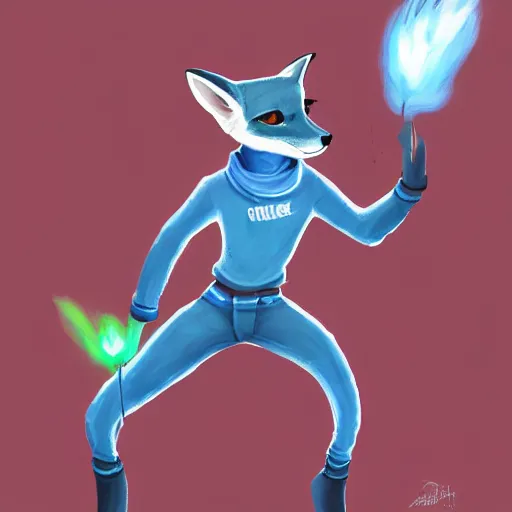 Prompt: An anthropomorphic fennec fox chracter wearing a blue sweatshirt and holding fireballs in a fighting pose, digital painting, furry fandom, detailed, impactful