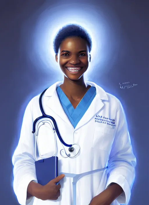 Image similar to full body portrait of young black woman with as a doctor, blue scrubs and white coat, intricate, beaming smile, angelic halo, highly detailed, digital painting, artstation, concept art, smooth, sharp focus, illustration, art by wlop, mars ravelo and greg rutkowski