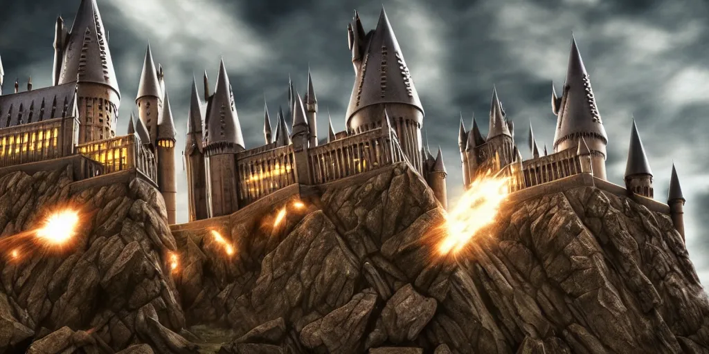 Image similar to hogwarts under attack, hiperrealism, insanely detailed and intricate, fantasy environment cinematic lighting ultra - wide angle lens