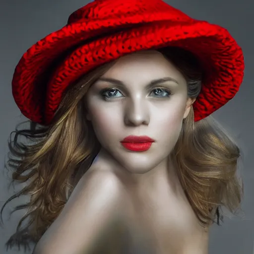 Prompt: fine art portrait photography half - length portrait of stunning girl in a red hat and black dress, kodak portra 4 0 0, 8 k, soft light, volumetric lighting, highly detailed,,