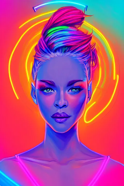 Image similar to a award winning portrait of a beautiful woman with stunning eyes in a one off shoulder croptop and cargo pants with rainbow colored hair, outlined by whirling illuminated neon lines and fine lines swirling in circles by rhads, digital art, trending on artstation