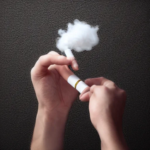 Prompt: Close-up of only one hyperrealistic hand holding cigarette with smoke, white background, 4K