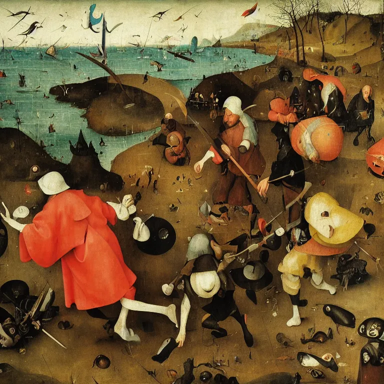 Prompt: The portrait of three sarcastic men with a lot of fish running away from Grim Reaper who laughs and follow them, by Hieronymus Bosch and Pieter Bruegel inspired by Terry Pratchett, super detailed oil painting, hyper realistic faces, 4k, masterpiece