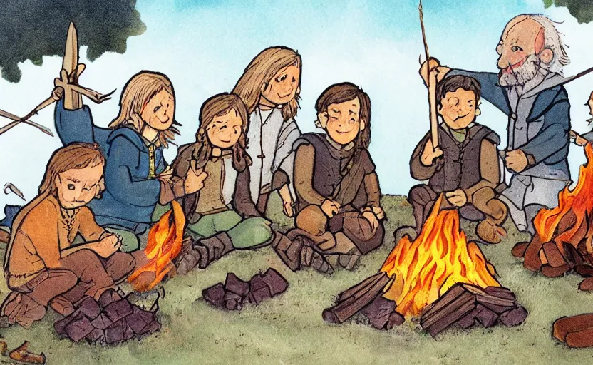 Image similar to childrens book illustration of the fellowship of the ring making s'mores around a campfire