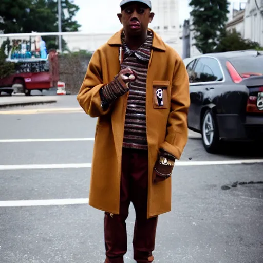 Prompt: tyler the creator wearing a brown coat