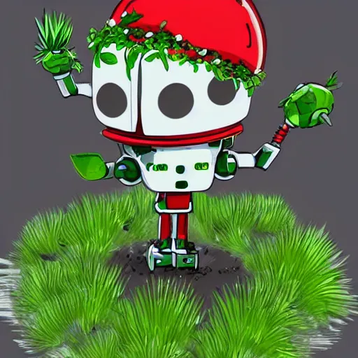 Image similar to cute robot made of plants wearing tomato hat and a chive sword, made in abyss style