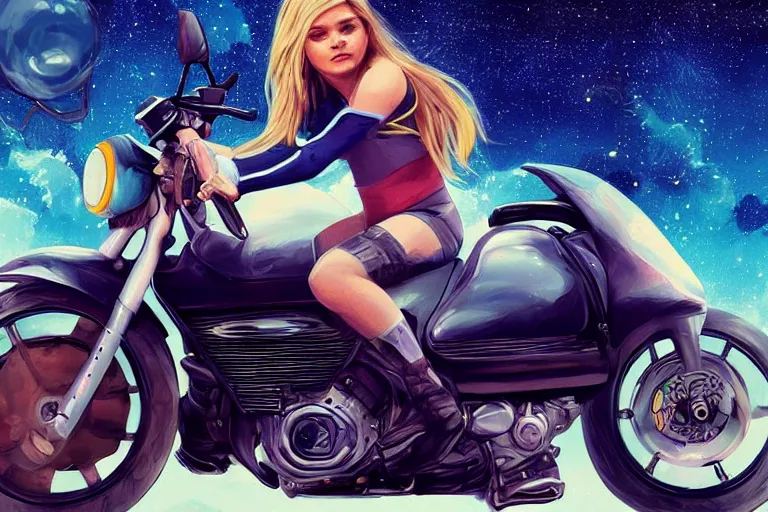 Image similar to chloe grace moretz is riding a motorbike, digital painting, artstation, the space background, concept art, by artgerm hyperdetailed trending on artstation trending on deviantart