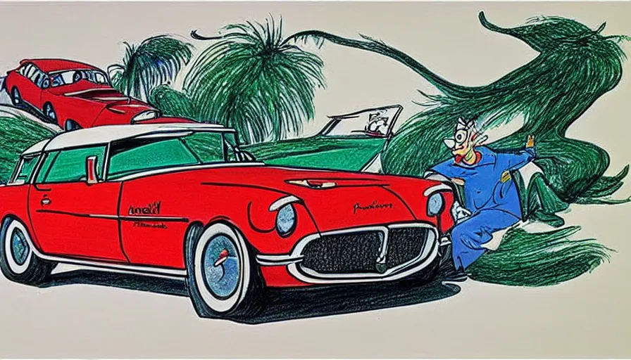 Prompt: 1955 Pontiac Firebird station wagon concept as drawn by Dr. Seuss, full color drawing