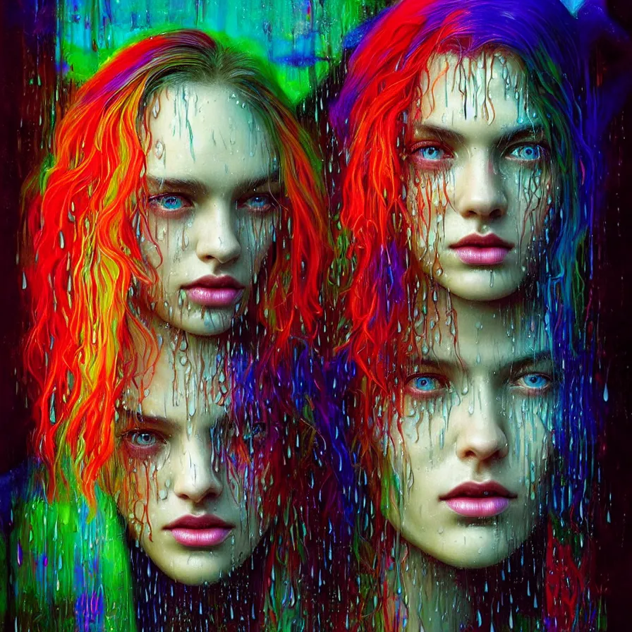 Image similar to bright asthetic portrait of LSD in rain with wet hair and face, liquid, fantasy, intricate, elegant, dramatic lighting, highly detailed, lifelike, photorealistic, digital painting, artstation, illustration, concept art, smooth, sharp focus, art by John Collier and Albert Aublet and Krenz Cushart and Artem Demura and Alphonse Mucha