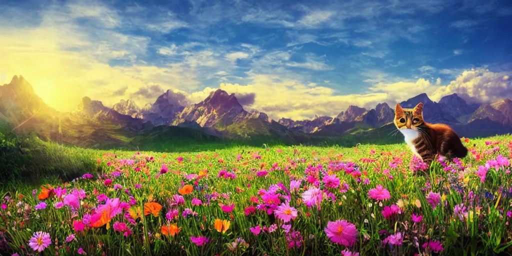 Prompt: glossy photograph, photoreal, hyperreal, cat in a field of flowers, mountain sunrise, detailed , clear