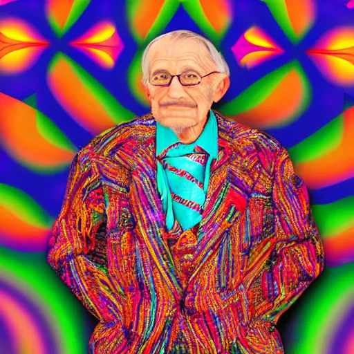 Prompt: portrait of a distinguished old man with formal cothing, kaleidoscopic shapes and colors in the background