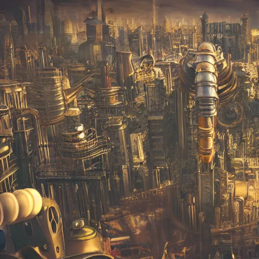 Prompt: Landscape imagery of a steampunk mega city, a viewpoint from the city street, 8k realism, photorealistic imagery