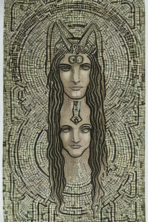 Image similar to a ceramic mosaic of astarte, detailed faces, intricate detail, by austin osman spare, occult art, alchemical diagram