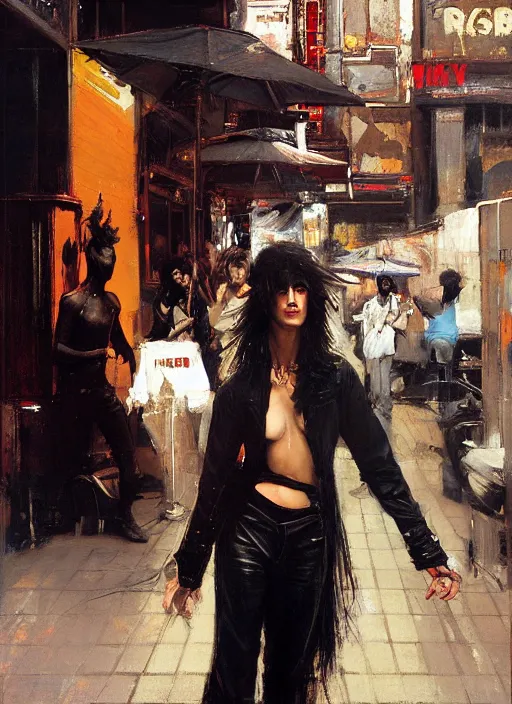 Image similar to androgynous glam rocker outside cbgb in the style of phil hale, sfumato Orientalist portrait by john william waterhouse and James Gurney, Syd Mead, Phil Hale, oil on canvas. Cinematic, hyper realism, realistic proportions, dramatic lighting, high detail 4k