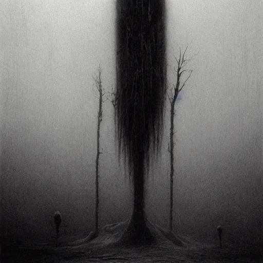 Image similar to dark atmosphere foggy landscape with a strange monster legs like a spider in The back dramatic lighting horror Beksinski