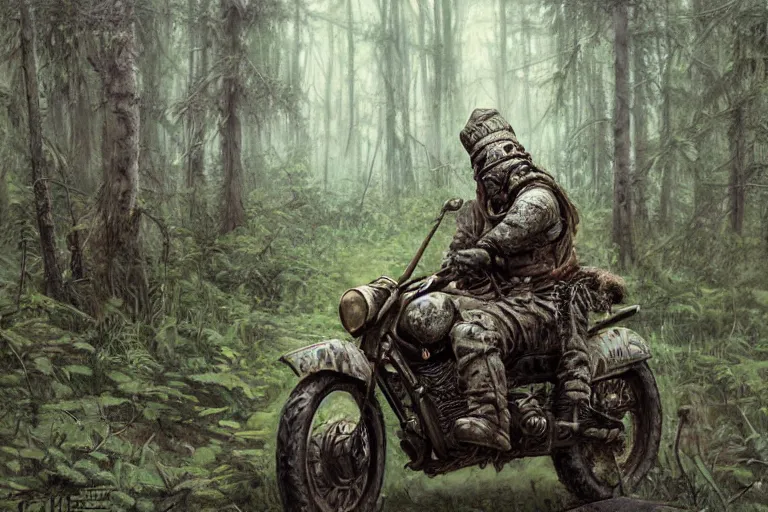 Image similar to a highly detailed garden gnome driving a forest camo motorcycle, overgrown, post apocalyptic road warrior style, wide angle, an ultrafine detailed painting by p. craig russell and barry windsor - smith, trending on deviantart, octane, masterpiece