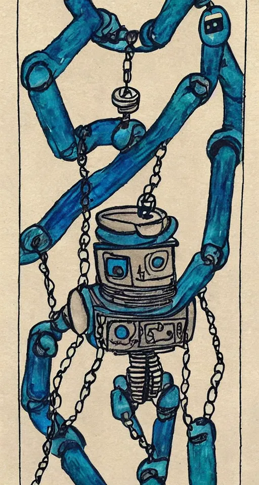 Image similar to a robot hanging by chains upside down peacefully, beautiful Coloured Japanese ink painting inspired by the hanged man tarot card, sharp lines