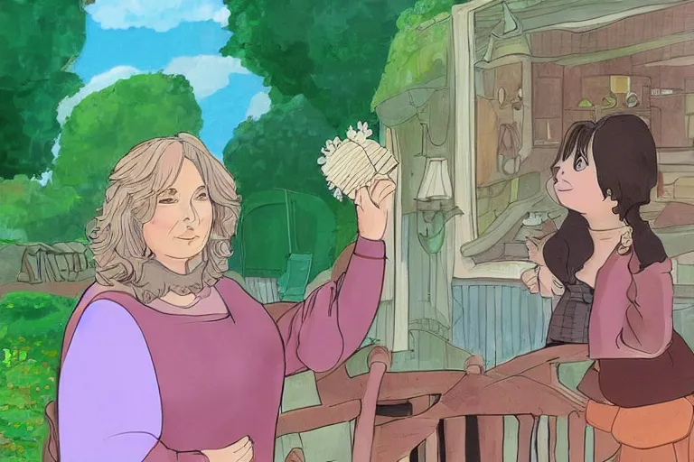 Image similar to Jennifer Saunders on the set of Friends by Studio Ghibli, digital art, illustration, cute