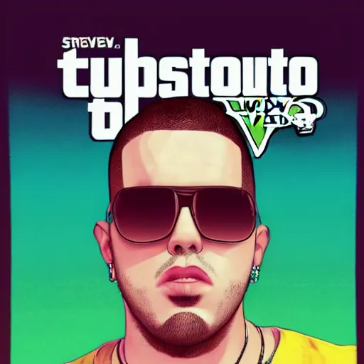 Image similar to music artist bad bunny in gta v cover art by steven bliss, cover art, box art, loading screen