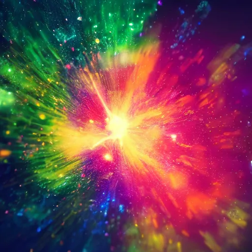 Image similar to colorful fragmented nebula explosion, dust particles, bokeh, iridescent jagged crystal fragmentation, elaborate detail, tilt-shift macro lens, lens flare, rendered in octane, visual effects, x-particles, redshift, cinematic, 8k render