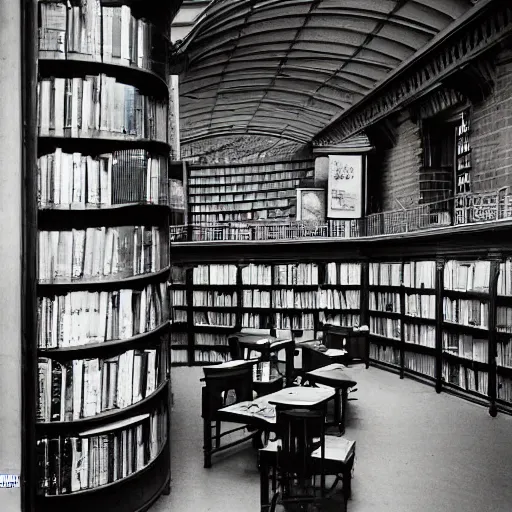 Image similar to a multistory bookshop, 85mm dslr photo by Malcolm Morley, featured on cg society, arts and crafts movement, national geographic photo, streetscape, atmospheric, early evening, cloudy