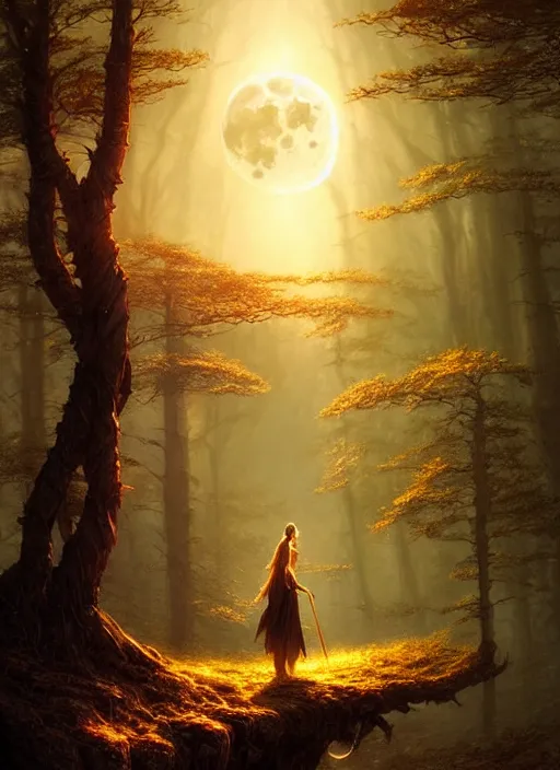 Image similar to fantasy book cover, full moon, fantasy forest landscape, golden elements, fantasy magic, no human, dark light night, intricate, elegant, sharp focus, illustration, highly detailed, digital painting, concept art, matte, art by WLOP and Artgerm and Greg Rutkowski and Albert Bierstadt, masterpiece