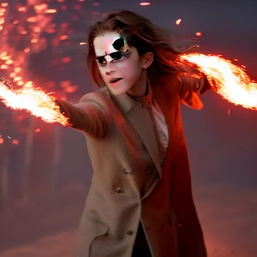 Prompt: Emma Watson on walking through fire, Action movie pyrotechnics shot, 8k UHD, studio photography, high quality, high detail, stunning lighting