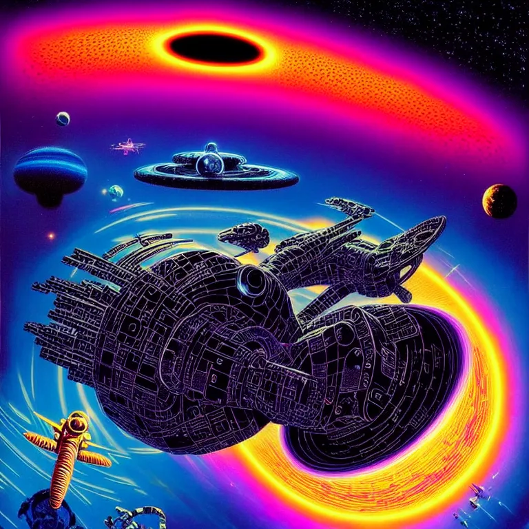 Image similar to astronaut hovering over infinite blackhole, quantum waves, synthwave, bright neon colors, highly detailed, cinematic, tim white, philippe druillet, roger dean, ernst haeckel, lisa frank, michael whelan, kubrick, kimura, isono